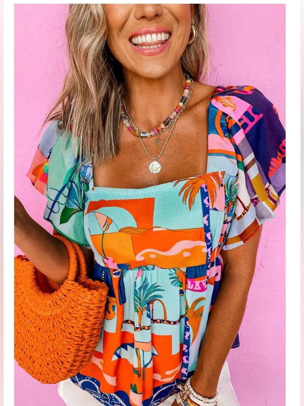 Tropical Print Flutter Sleeve Babydoll Top - Large